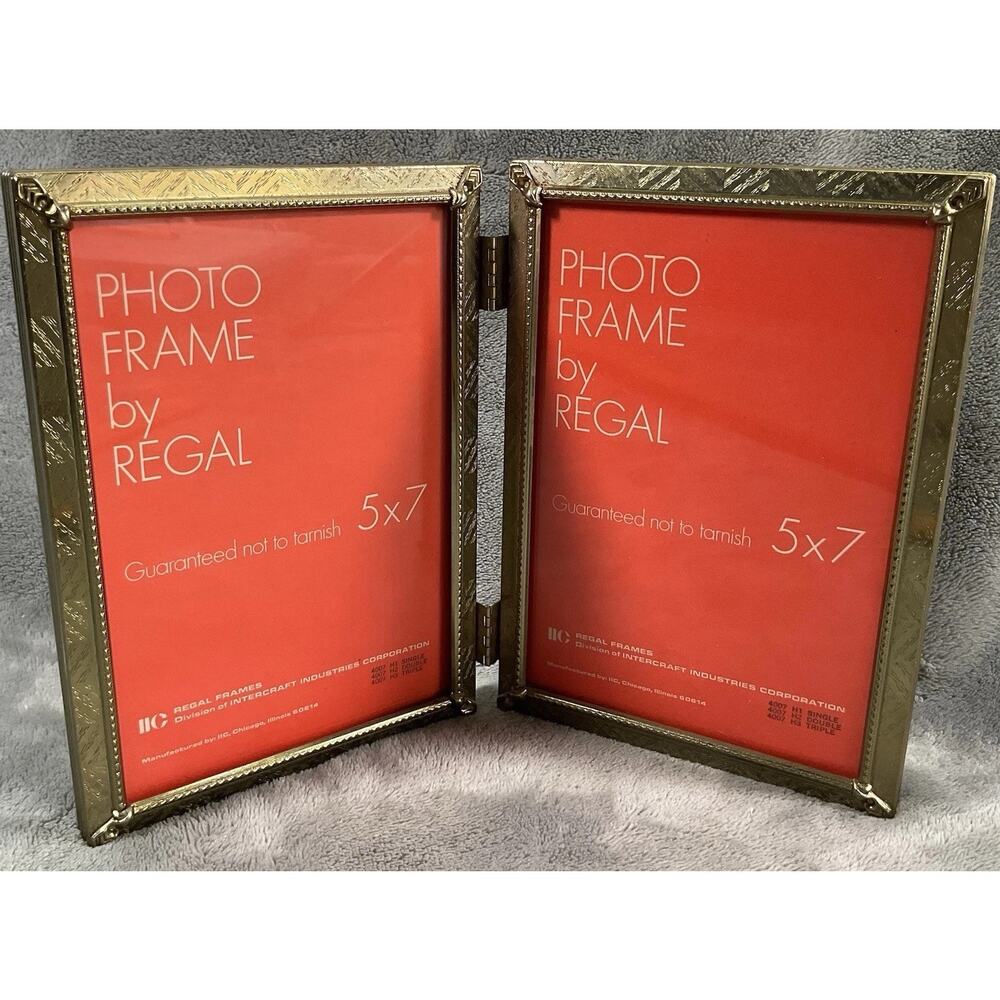 Vintage Regal 5x7 Double Hinged Photo Frame Gold Tone Folding Tabletop USA Made